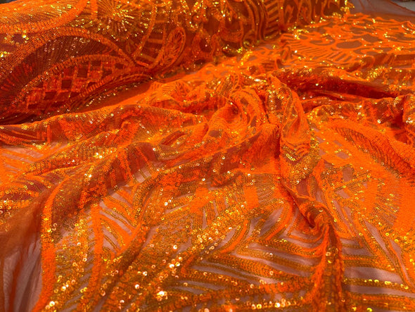 Neon orange iridescent Sequins Fabric Royalty Design on a 4 Way Stretch-Prom By The Yard