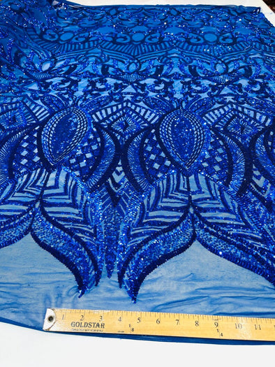 Royal Blue Sequins Fabric Royalty Design on a 4 Way Stretch Mesh-Prom - Sold By The Yard