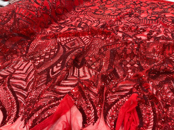 Red Sequins Fabric Royalty Design on a 4 Way Stretch Mesh-Prom - Sold By The Yard
