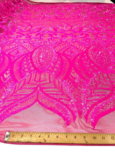 Hot Pink Iridescent Sequins Royalty Design on a 4 Way Stretch Mesh-Prom - Sold By The Yard