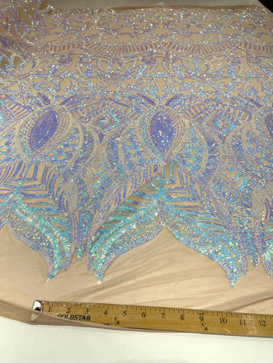 Aqua Iridescent Sequins Fabric Royalty Design on a 4 Way Stretch Mesh-Prom - Sold By The Yard