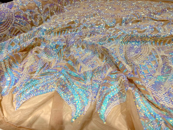 Aqua Iridescent Sequins Fabric Royalty Design on a 4 Way Stretch Mesh-Prom - Sold By The Yard
