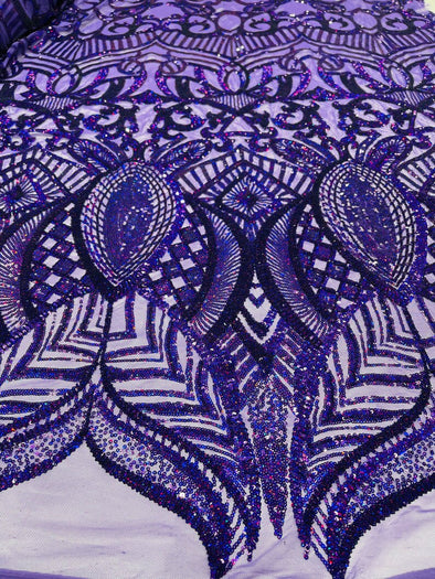 Iridescent Purple Sequins Fabric Royalty Design on a 4 Way Stretch Mesh-Prom - Sold By The Yard