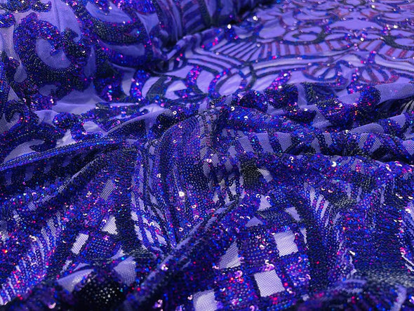 Iridescent Purple Sequins Fabric Royalty Design on a 4 Way Stretch Mesh-Prom - Sold By The Yard
