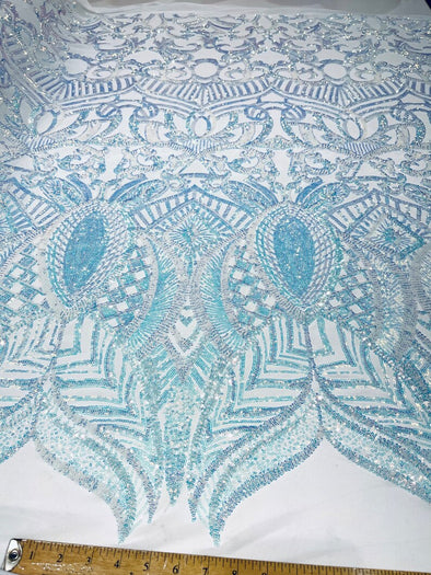 Iridescent Clear Sequins Fabric Royalty Design on a 4 Way Stretch Mesh-Prom - Sold By The Yard