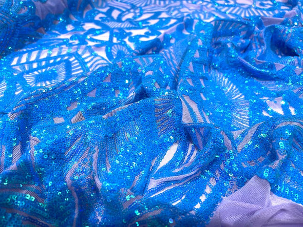 Turquoise Iridescent Sequin Fabric On Lavender Mesh Royalty Design on 4 Way Stretch-Prom By The Yard