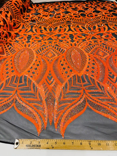Neon orange Sequin Fabric On Black Mesh Royalty Design on 4 Way Stretch-Prom By The Yard
