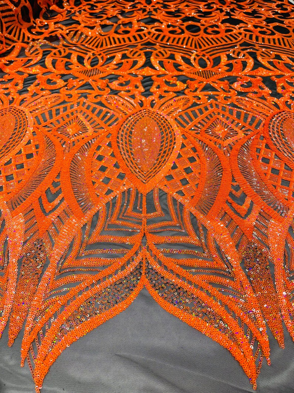 Neon orange Sequin Fabric On Black Mesh Royalty Design on 4 Way Stretch-Prom By The Yard