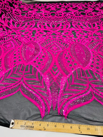 Neon Pink Sequin Fabric On Black Mesh Royalty Design on 4 Way Stretch-Prom By The Yard