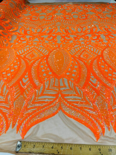 Neon orange iridescent Sequins Fabric Royalty Design on a 4 Way Stretch Mesh-Prom - Sold By The Yard