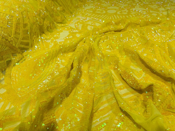 Iridescent Yellow Sequins Fabric Royalty Design on a 4 Way Stretch Mesh-Prom - Sold By The Yard