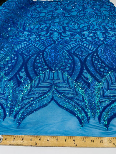Iridescent Turquoise Sequin Fabric Royalty Design on 4 Way Stretch-Prom By The Yard