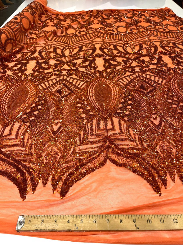 Burnt orange iridescent Sequins Fabric Royalty Design on a 4 Way Stretch Mesh Sold By The Yard