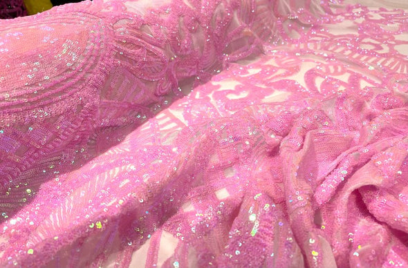 Candy Pink Iridescent Sequins Royalty Design on a 4 Way Stretch Mesh-Prom - Sold By The Yard