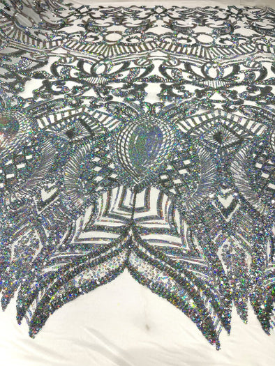 Silver Iridescent Sequin Fabric Royalty Design on 4 Way Stretch-Prom By The Yard