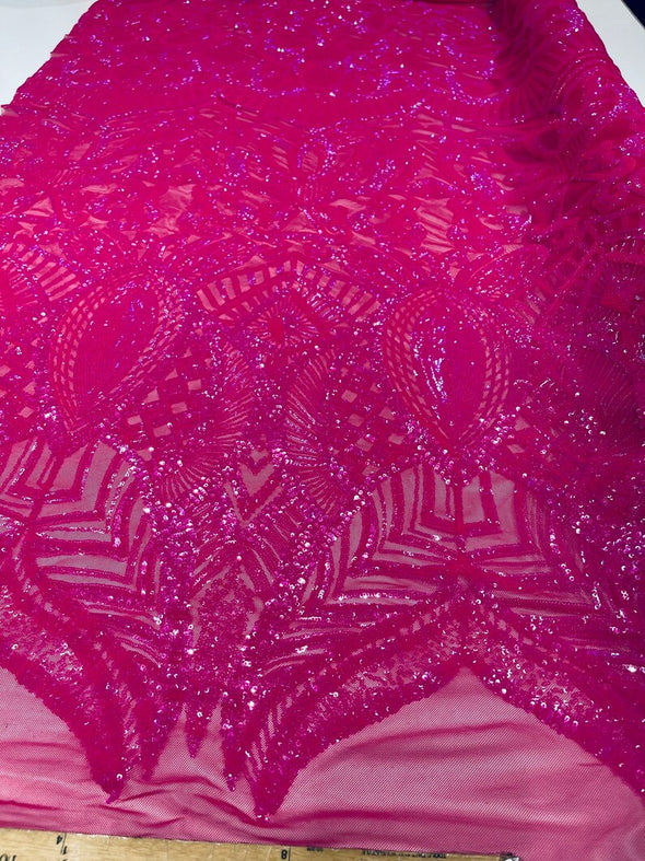 Neon pink iridescent Sequin Fabric Royalty Design on a 4 Way Stretch-Prom By The Yard