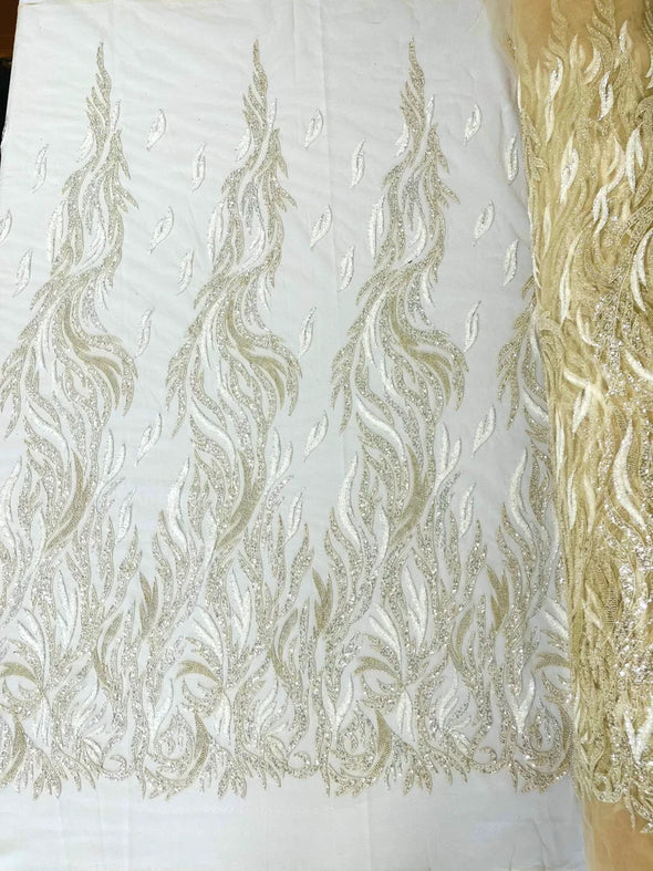 New Feathers embroider and clear heavy beaded on a mesh lace fabric-sold by the yard-