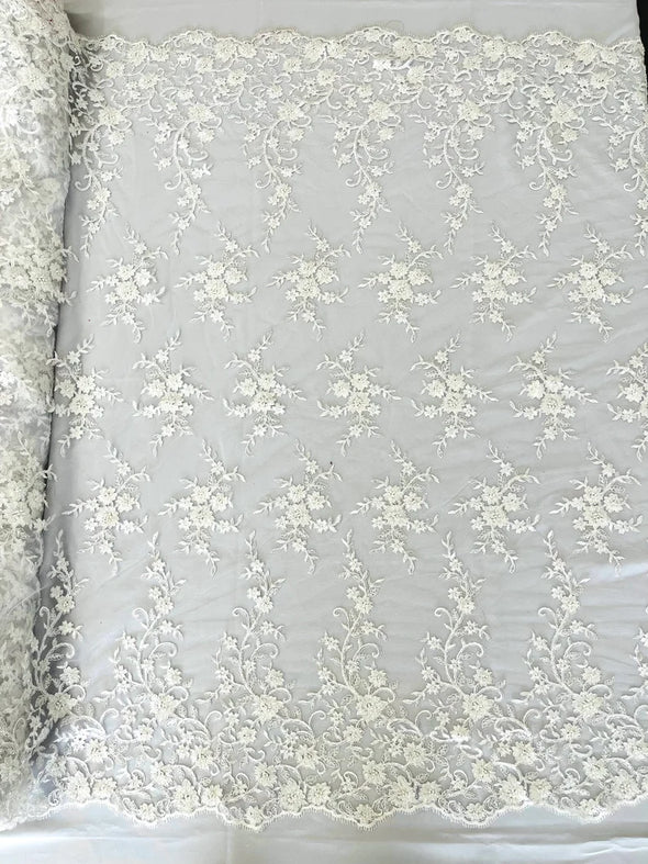 New flowers embroider with sequins and heavy beaded on a mesh lace fabric-sold by the yard.