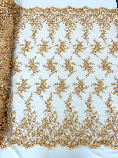 New flowers embroider with sequins and heavy beaded on a mesh lace fabric-sold by the yard.