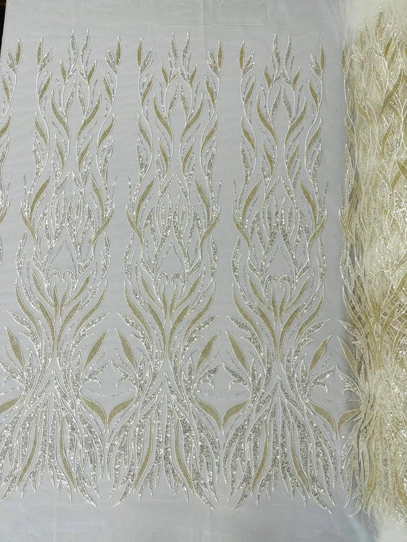 Damask embroider and clear heavy beaded on a mesh lace fabric-sold by the yard-