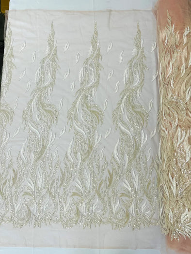 New Feathers embroider and clear heavy beaded on a mesh lace fabric-sold by the yard-