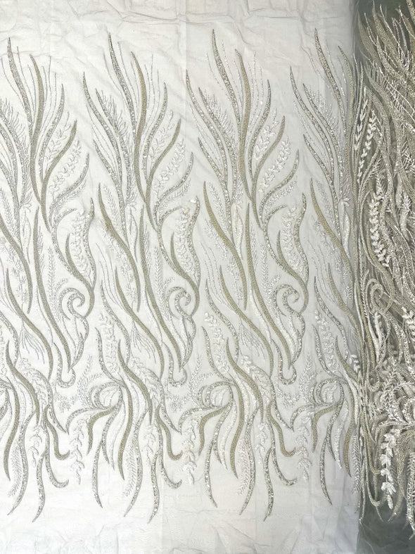 Feather Damask embroider with sequins and heavy beaded on a mesh lace fabric-sold by the yard