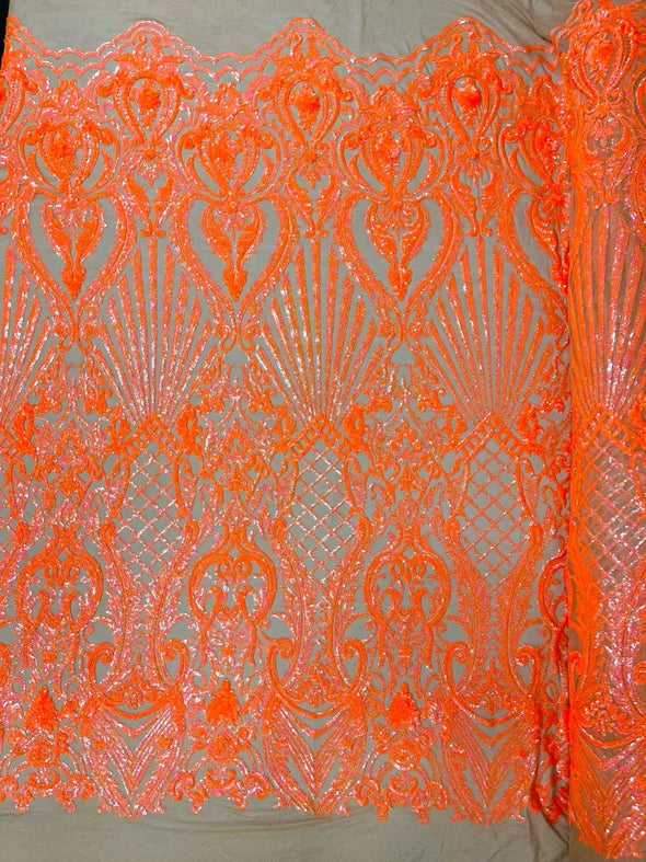 Shiny Sequin Shell Damask Design On a 4 Way Stretch Mesh Fabric -Prom-Sold By Yard.