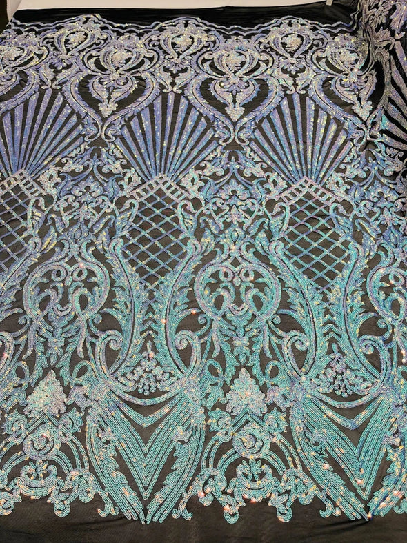 Shiny Sequin Shell Damask Design On a 4 Way Stretch Mesh Fabric -Prom-Sold By Yard.