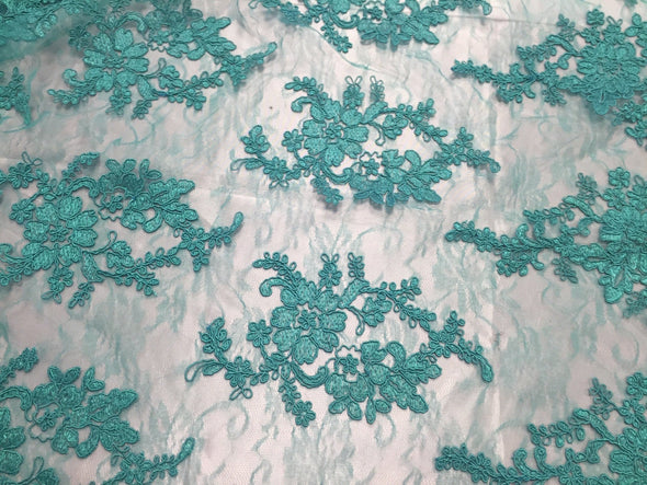 Jade french corded flowers embroider on a design mesh lace fabric-sold by the yard-