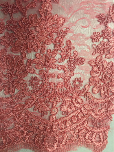 Coral french corded flowers embroider on a design mesh lace fabric-sold by the yard-