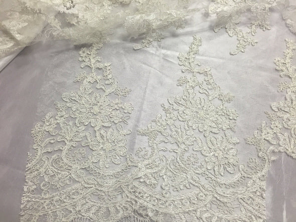 Ivory french corded flowers embroider on a design mesh lace fabric-wedding-bridal-prom-nightgown-decorations-sold by the yard.