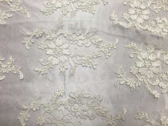 Ivory french corded flowers embroider on a design mesh lace fabric-wedding-bridal-prom-nightgown-decorations-sold by the yard.