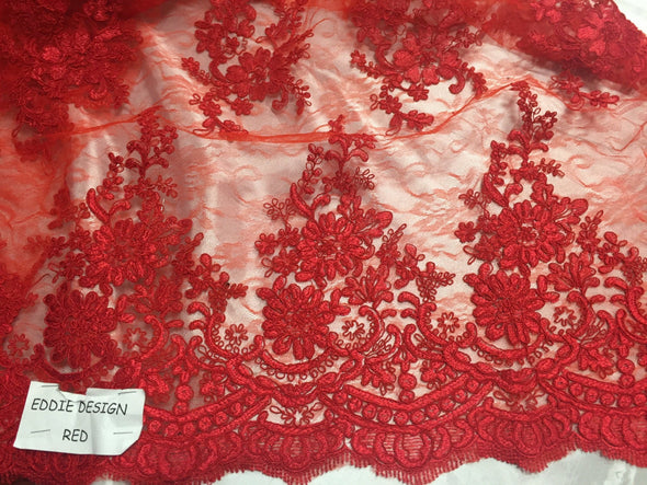 Red french corded flowers embroider on a design mesh lace fabric-sold by the yard-