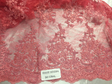 Dk-coral french corded flowers embroider on a design mesh lace fabric-sold by the yard-