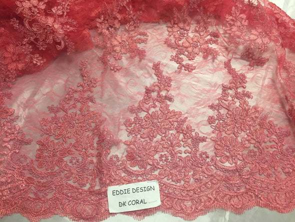 Dark-coral French corded flowers embroider on a design mesh lace fabric-sold by the yard-