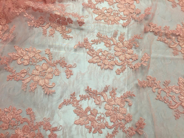Lt-coral french corded flowers embroider on a design mesh lace fabric-sold by the yard-