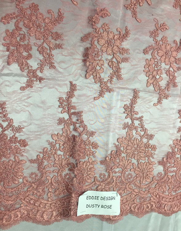 Dusty rose french corded flowers embroider on a design mesh lace fabric-apparel-fashion-decorations-dresses-sold by the yard-