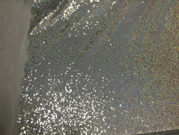 Silver-hologram mermaid fish scales-mini sequins embroider on a 2 way stretch mesh fabric-sold by the yard-