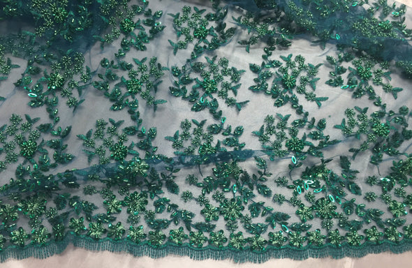 Teal/jade small flowers embroider and hand beaded on a mesh lace fabric-dresses-fashion-dresses-decorations-nightgown-sold by the yard-