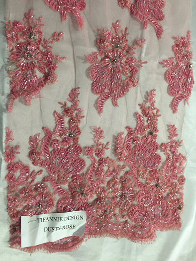 Coral flowers embroider and heavy beaded on a mesh lace fabric-sold by the yard-