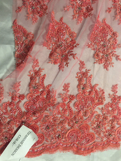 Dk-coral flowers embroider and heavy beaded on a mesh lace fabric-sold by the yard-