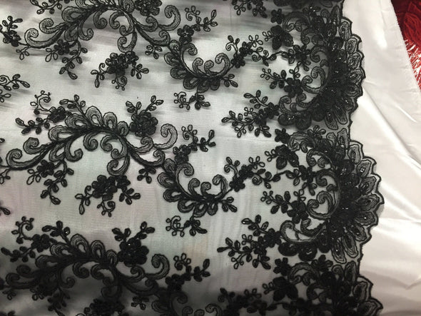 Black french corded design-embroider with sequins on a mesh lace fabric-prom-nightgown-decorations-sold by the yard