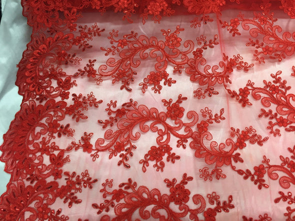 Red corded french design-embroider with sequins on a mesh lace fabric-prom-nightgown-decorations-apparel-fashion-sold by the yard.