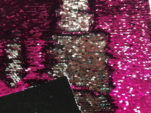 Fuchsia / silver hologram mermaid fish scales 2 way stretch lycra 2 tone flip flop sequins-prom-nightgown-decorations-sold by yard