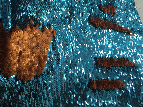 Turquoise/ matte orange hologram mermaid fish scales 2 way stretch lycra 2 way flip flop sequins sold by yard