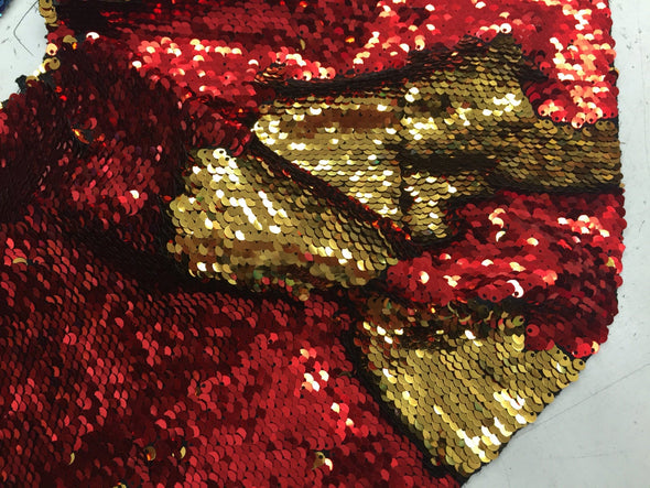 Red/gold hologram mermaid fish scales 2 way stretch lycra 2 tone flip flop sequins-prom-nightgown-decorations-sold by yard