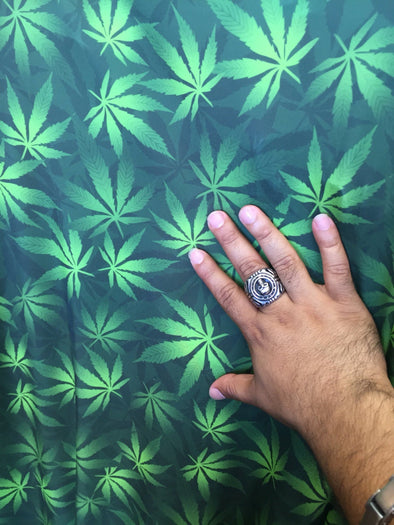 Green marijuana leaf print on white 2-way stretch spandex fabric-sold by the yard-