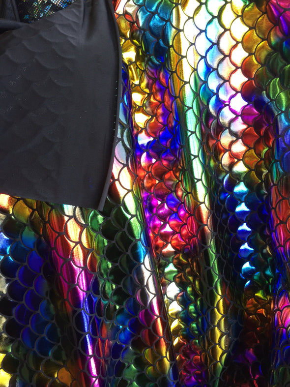 Multi color mermaid fish scales- 2way stretch black spandex-sold by the yard-