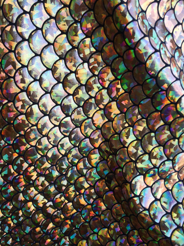 Gold hologram mermaid fish scales- 2-way stretch spandex- sold by the yard-
