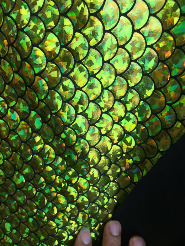 Lime green hologram mermaid fish scales-2way stretch spandex-sold by the yard-